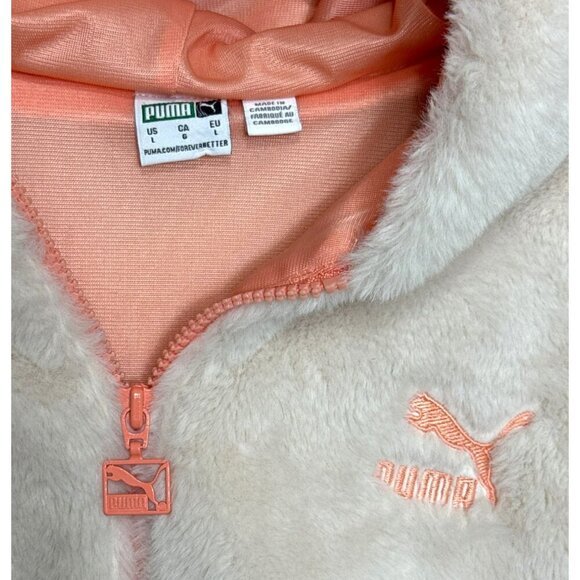 Puma Women's Pullover Faux Fur Jacket 1/4 Zip Hooded Off White Peach Size L - Picture 5 of 11